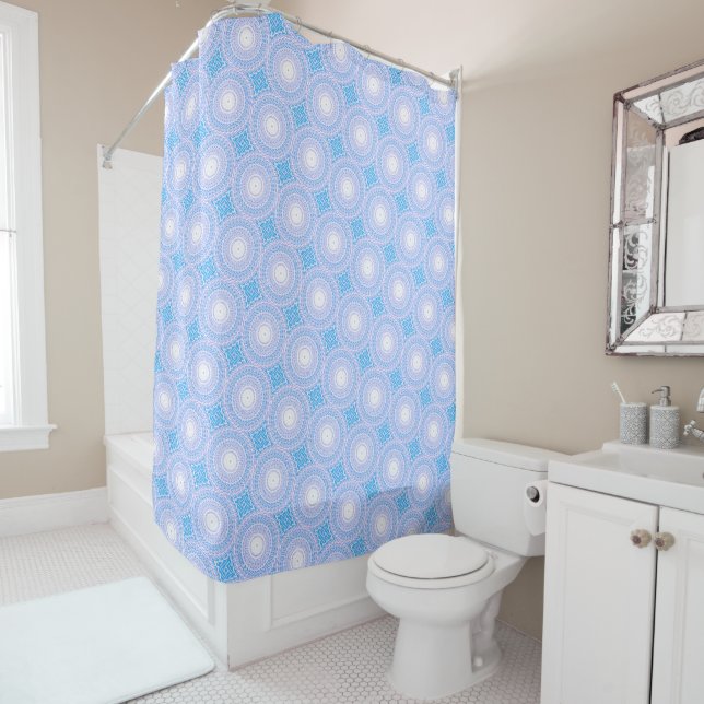 Sky blue circles pattern shower curtain (In Situ)