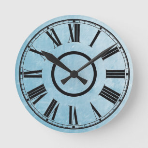 Sky Blue Clock Weathered Effect Roman Numbers