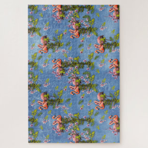Sky blue cloudy and Flamingo's Repeat Print  Jigsaw Puzzle