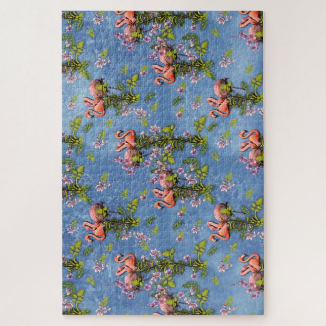 Sky blue cloudy and Flamingo's Repeat Print  Jigsaw Puzzle (Vertical)