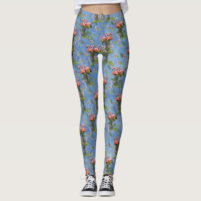 Sky blue cloudy and Flamingo's Repeat Print Leggings (Front)