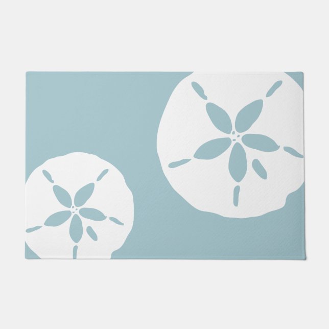 Sky Blue Coastal Beach House Nautical Sand Dollars Doormat (Front)