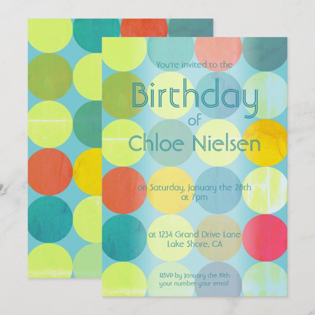 Sky Blue & Colourful Circles Birthday Invitation (Front/Back)