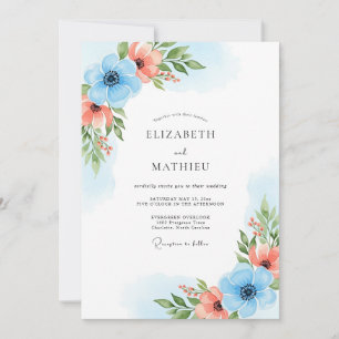 Sky Blue Coral Bloom Wedding Invitation