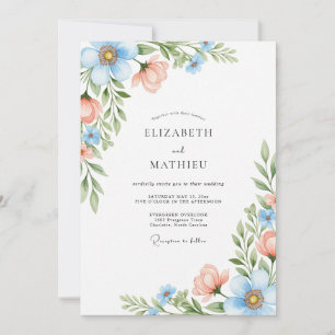 Sky Blue Coral Blossom Wedding Invitation