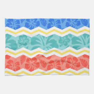 Sky Blue, Coral Pink, and Yellow Tropical Pattern Tea Towel