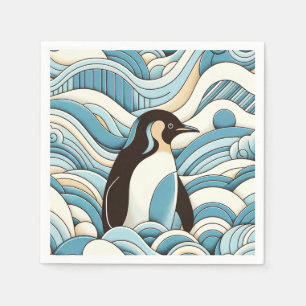Sky Blue Cream Ocean Waves And Cute Penguin Napkin