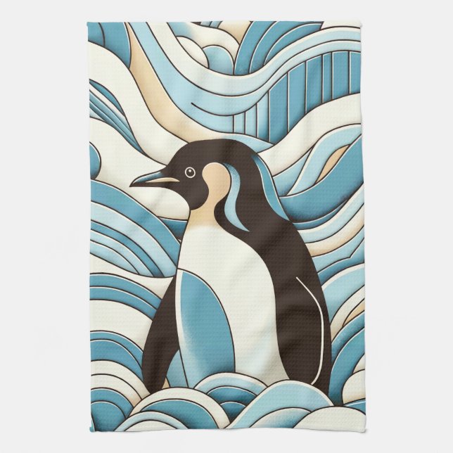 Sky Blue Cream Ocean Waves And Cute Penguin Tea Towel (Vertical)