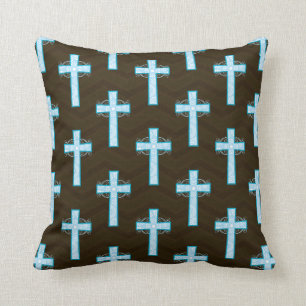 Sky Blue Cross on Brown Chevron Cushion