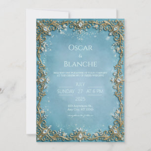 Sky Blue Crystal Filigree Frame Wedding Invitation