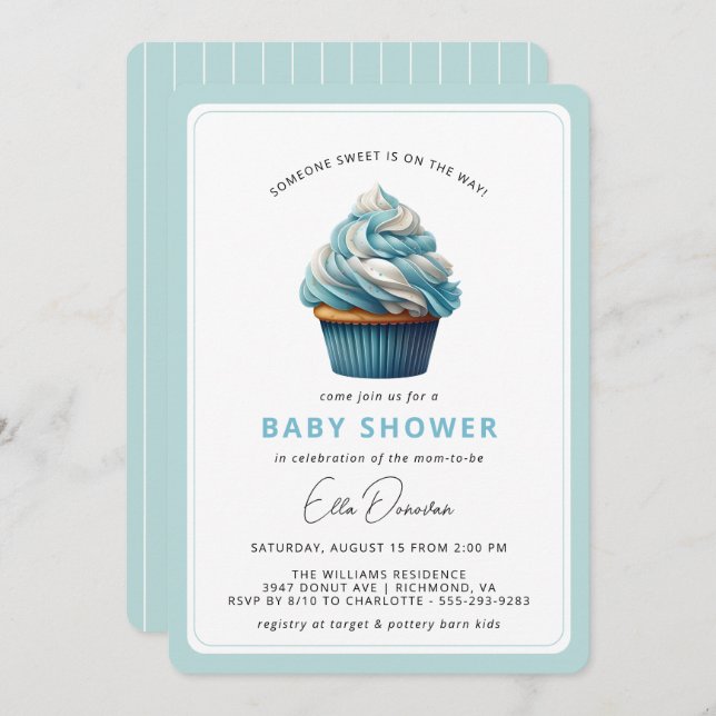 Sky Blue Cupcake | Dessert Theme Boy Baby Shower Invitation (Front/Back)