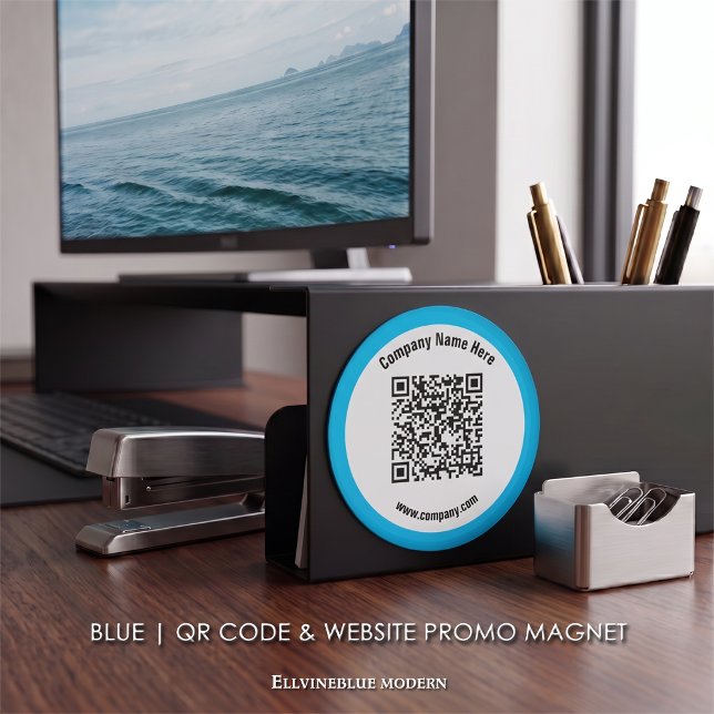 Sky Blue Custom QR Code & Website Promo  Magnet (Sky Blue Magnet | A polished layout created to showcase your QR Code, Name, & Website.)