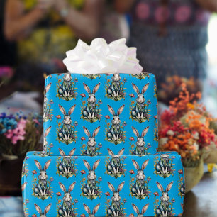 Sky Blue Cute Watercolor Bunny Floral Easter Wrapping Paper