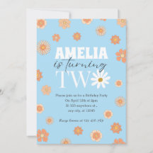 Sky Blue Daisy Two 2nd Birthday Invitation