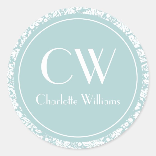 Sky Blue Damask Monogram Classic Round Sticker (Front)