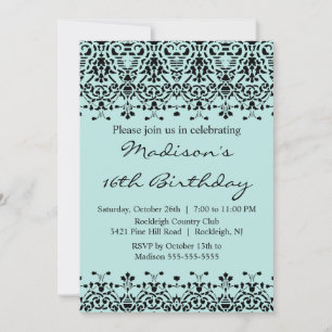 Sky Blue Damask Sweet Sixteen Birthday Invitation