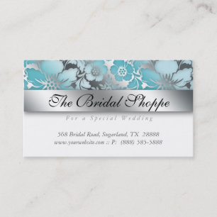 Sky Blue Damask Wedding Floral Silver Business Card