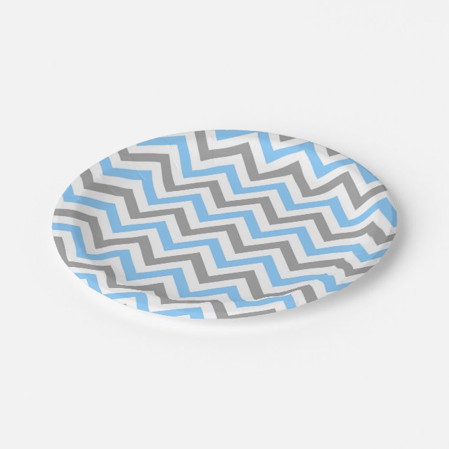 Sky Blue, Dk Grey Wht Large Chevron ZigZag Pattern Paper Plate (Angled)