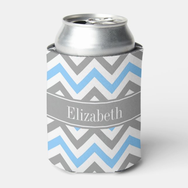 Sky Blue Dk Grey Wht LG Chevron Grey Name Monogram Can Cooler (Can Front)