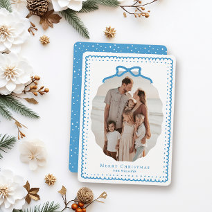 Sky Blue Doodle Frames & Bow Photo Christmas Holiday Card