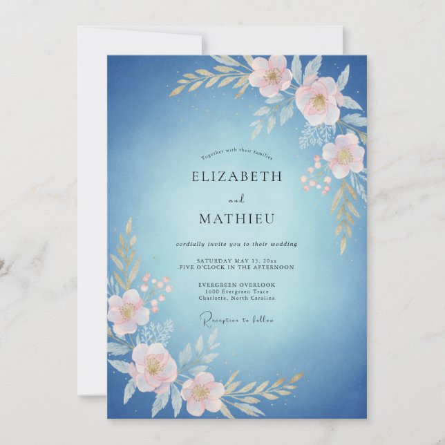 Sky Blue Dreamy Blossom Wedding Invitation (Front)