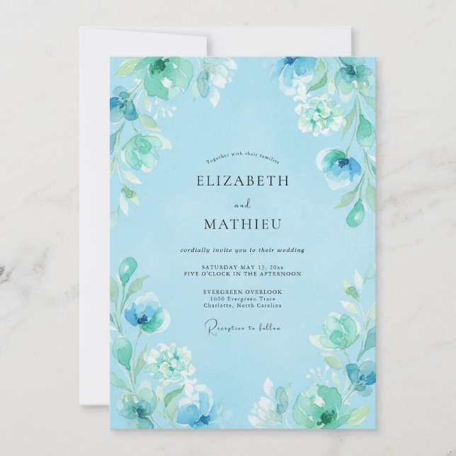 Sky Blue Dreamy Floral Wedding Invitation (Front)