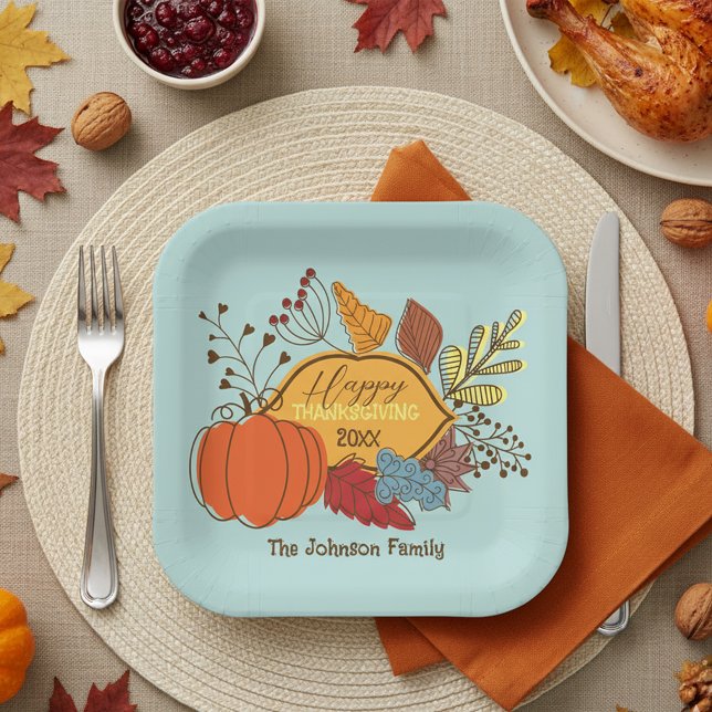 Sky Blue Fall Foliage Pumpkin Thanksgiving Dinner Paper Plate (Creator Uploaded)