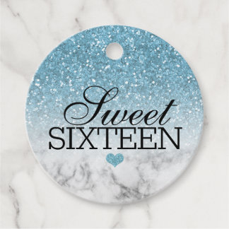Sky Blue Faux Glitter/Marble Sweet 16 Favour Tags