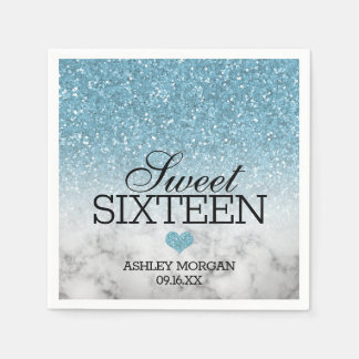 Sky Blue Faux Glitter/Marble Sweet 16 Napkin