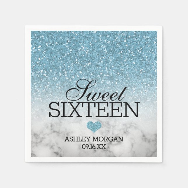 Sky Blue Faux Glitter/Marble Sweet 16 Napkin (Front)
