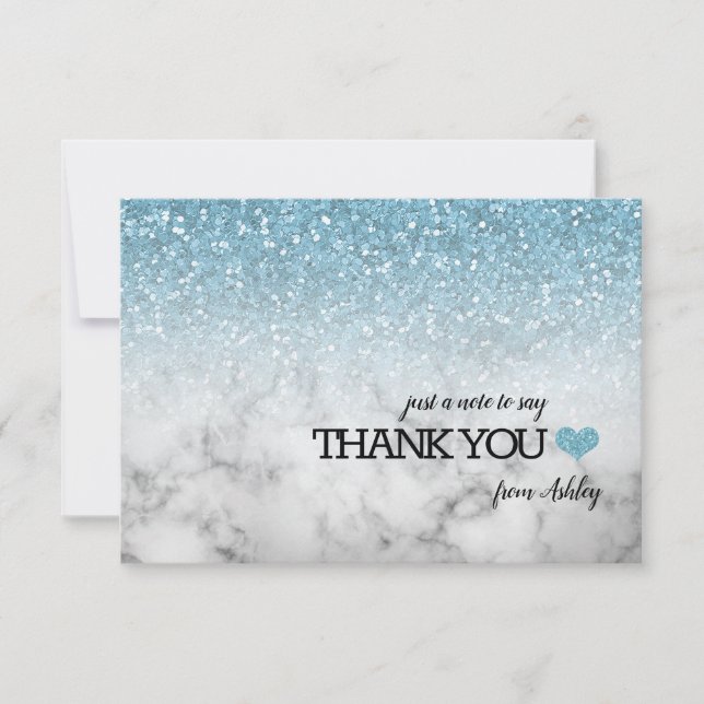 Sky Blue Faux Glitter/Marble Sweet 16 Thank You Card (Front)