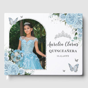 Sky Blue Floral Butterflies Quinceañera Photo Guest Book