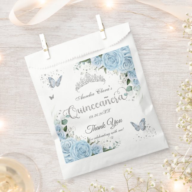 Sky Blue Floral Butterflies Silver Quinceañera 16 Favour Bags (Clipped)
