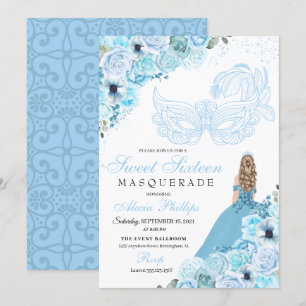 Sky Blue Floral Masquerade Sweet 16 Invitation