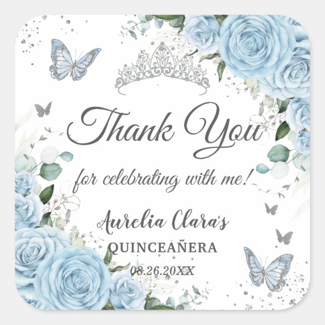 Sky Blue Floral Princess Dress Silver Quinceañera Square Sticker (Front)