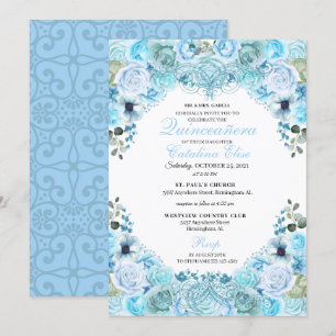 Sky Blue Floral Quinceanera Birthday Invitation