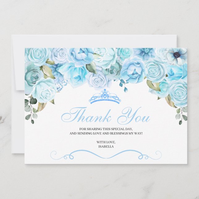Sky Blue Floral Quinceanera Thank You  (Front)