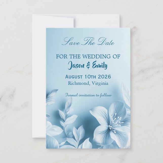 Sky Blue Floral Save The Date Card (Front)