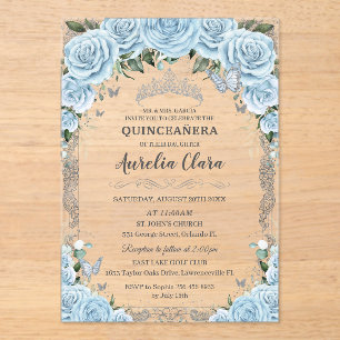 Sky Blue Floral Silver Sweet Sixteen QUINCEAÑERA Acrylic Invitations