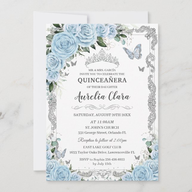 Sky Blue Floral Silver Sweet Sixteen QUINCEAÑERA Invitation (Front)
