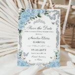 Sky Blue Floral Silver Sweet Sixteen QUINCEAÑERA Save The Date<br><div class="desc">(c) The Happy Cat Studio</div>