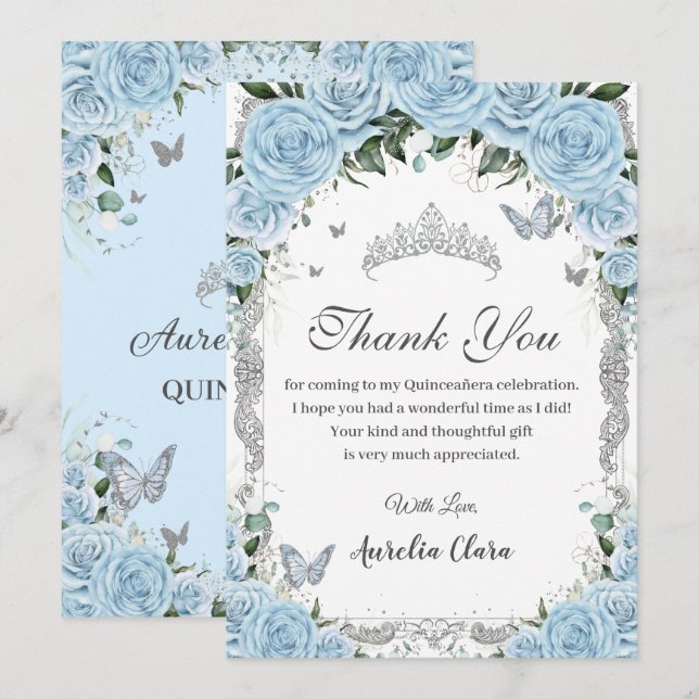 Sky Blue Floral Sweet 16 Quinceañera Thank Card  (Front/Back)