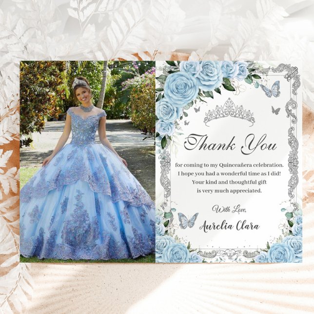 Sky Blue Floral Sweet Sixteen Quinceañera Picture Thank You Card (Creator Uploaded)