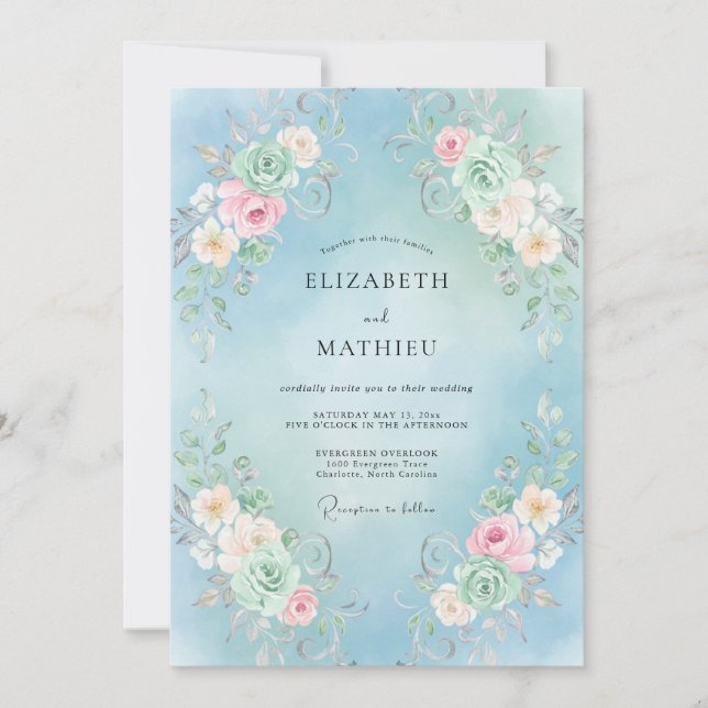 Sky Blue Floral Swirl Wedding Invitation (Front)