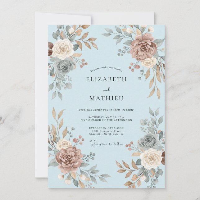 Sky Blue Floral Wedding Invitation (Front)