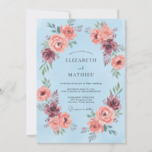 Sky Blue Floral Wreath Wedding Invitation