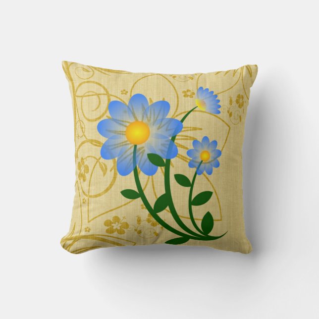 Sky-Blue Flower on Gold Floral Print Cushion (Front)