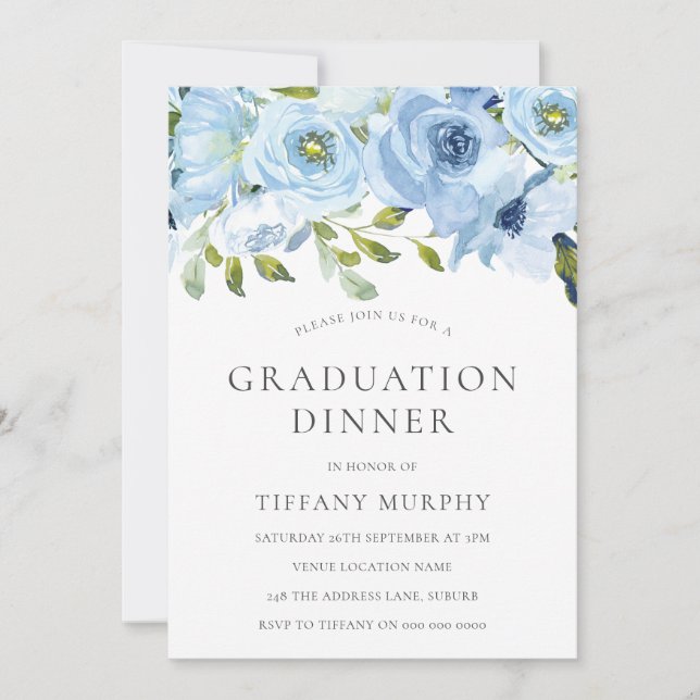 Sky Blue Flowers Graduation Dinner Party Invitation (Front)