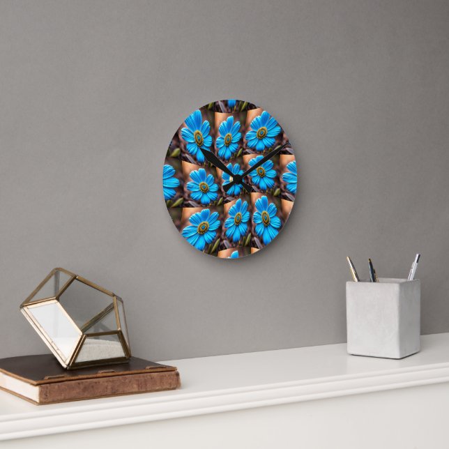 Sky Blue Flowers Pattern Round Clock (Office)