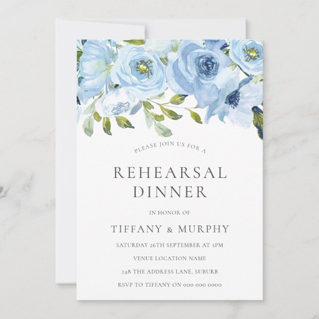 Sky Blue Flowers Wedding Rehearsal Dinner Invitation (Front)